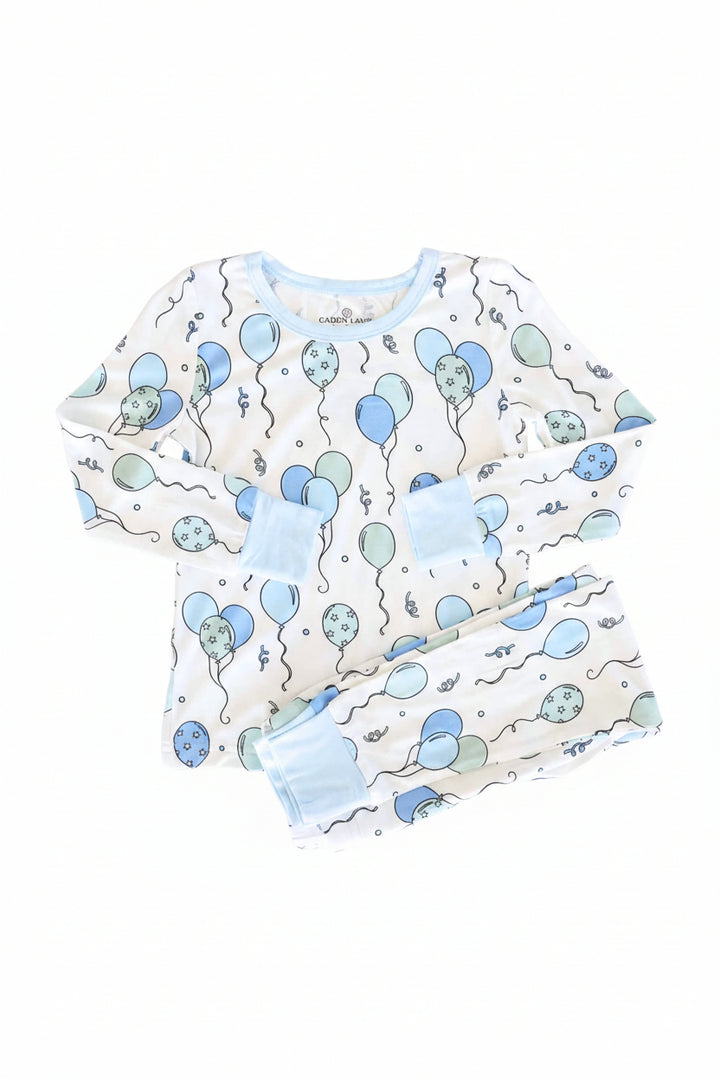 long sleeve blue balloon bamboo pajama set for kids 