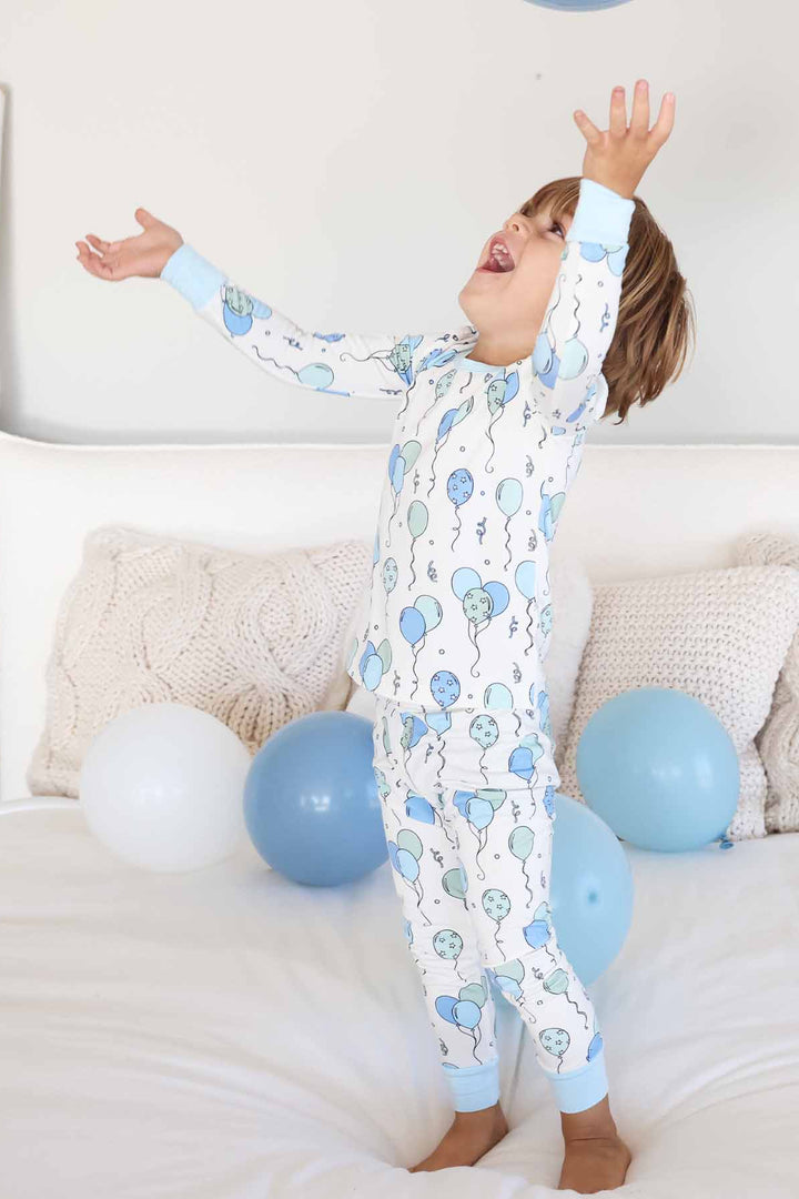 party time boy's two piece pajama set with balloons and streamers
