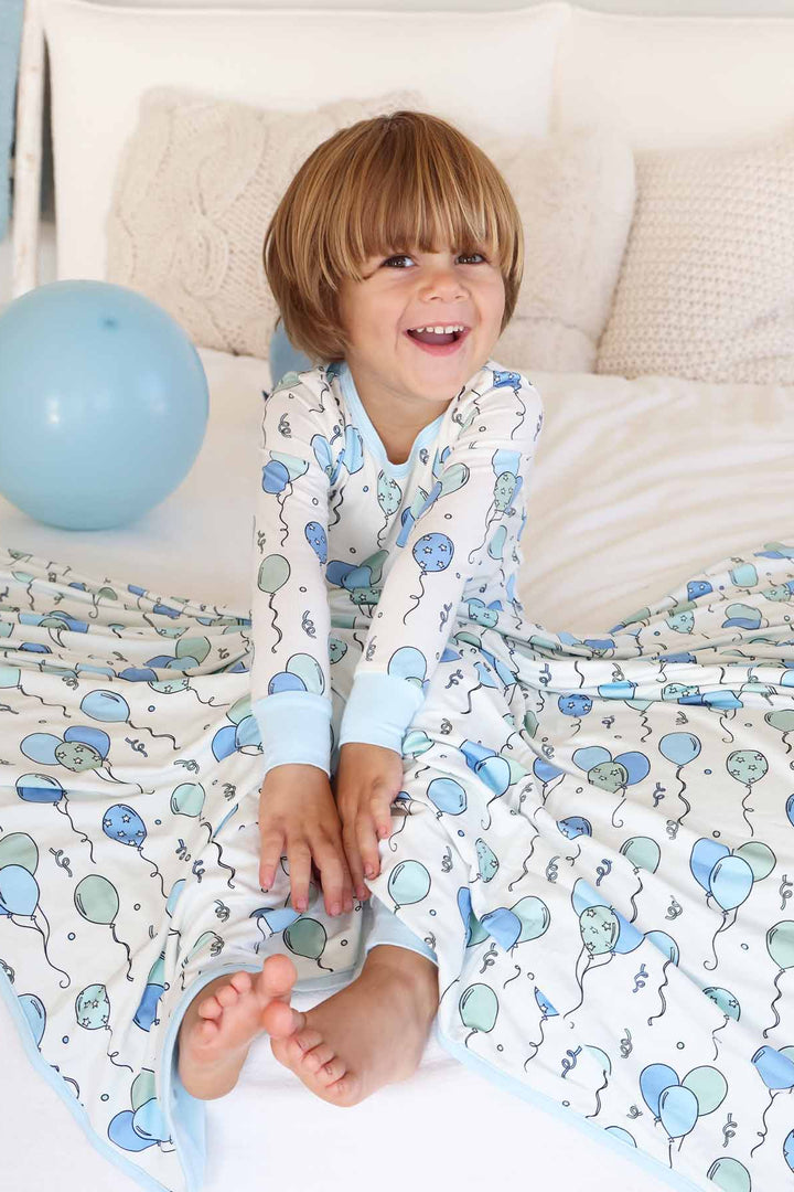 blue and green balloon double sided bamboo blanket for kids 