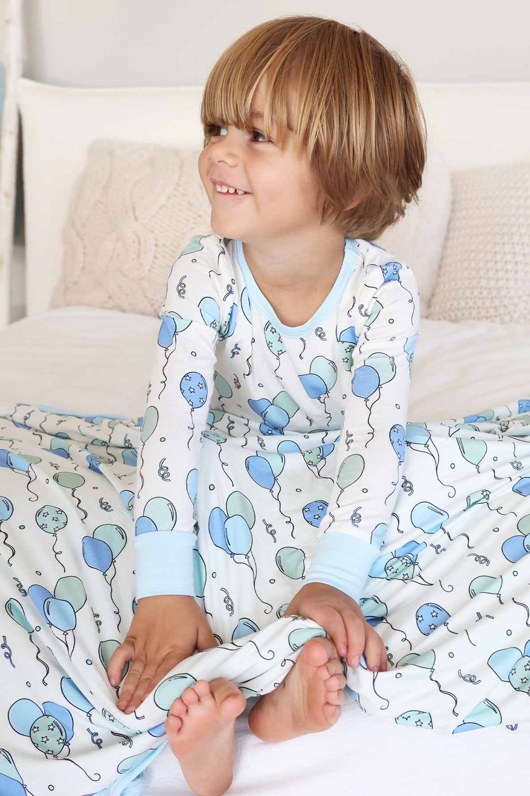 blue party time double sided bamboo blanket for boys with matching pajamas 