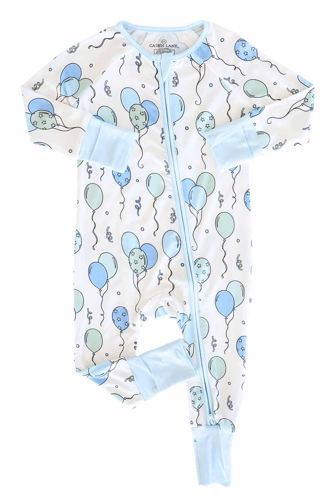 blue balloon and streamer convertible zip romper pajama for babies and toddlers 