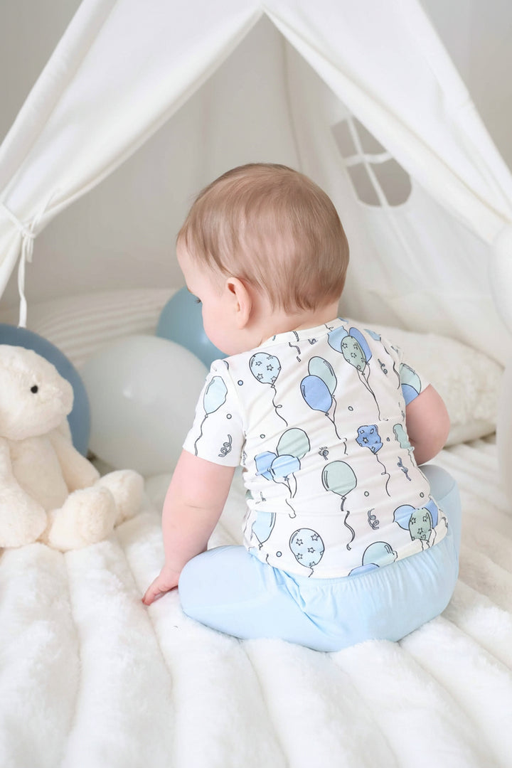 party time short sleeve balloon graphic tee for boys with light blue shorts
