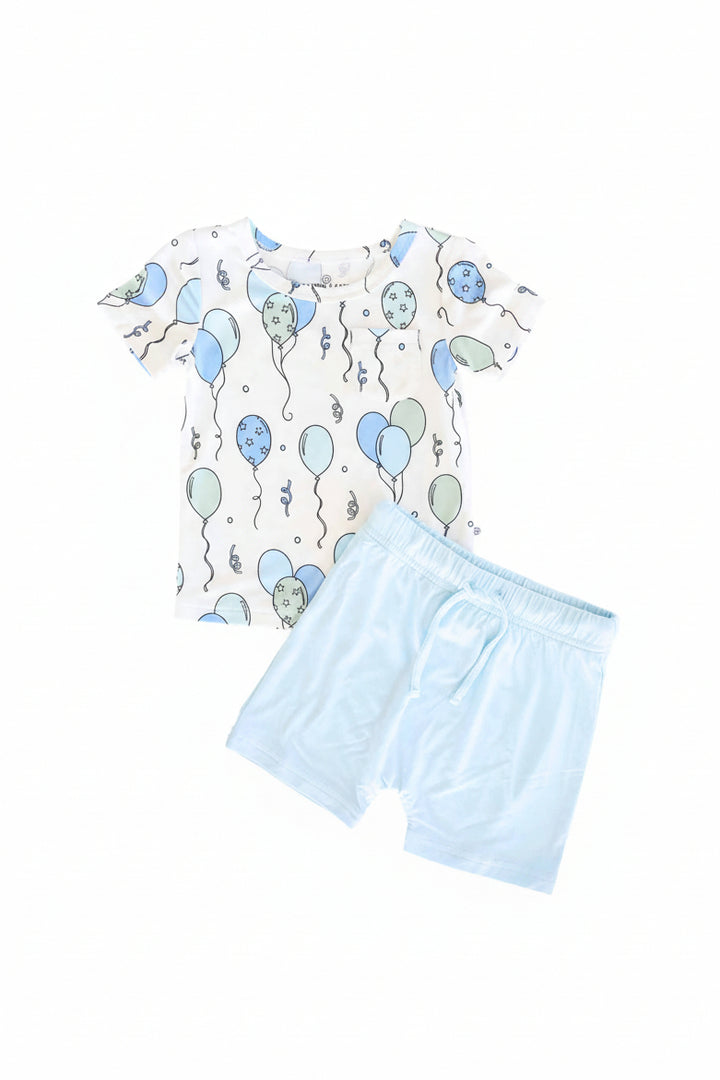 blue and green balloon short sleeve shirt with front pocket and matching light blue shorts 