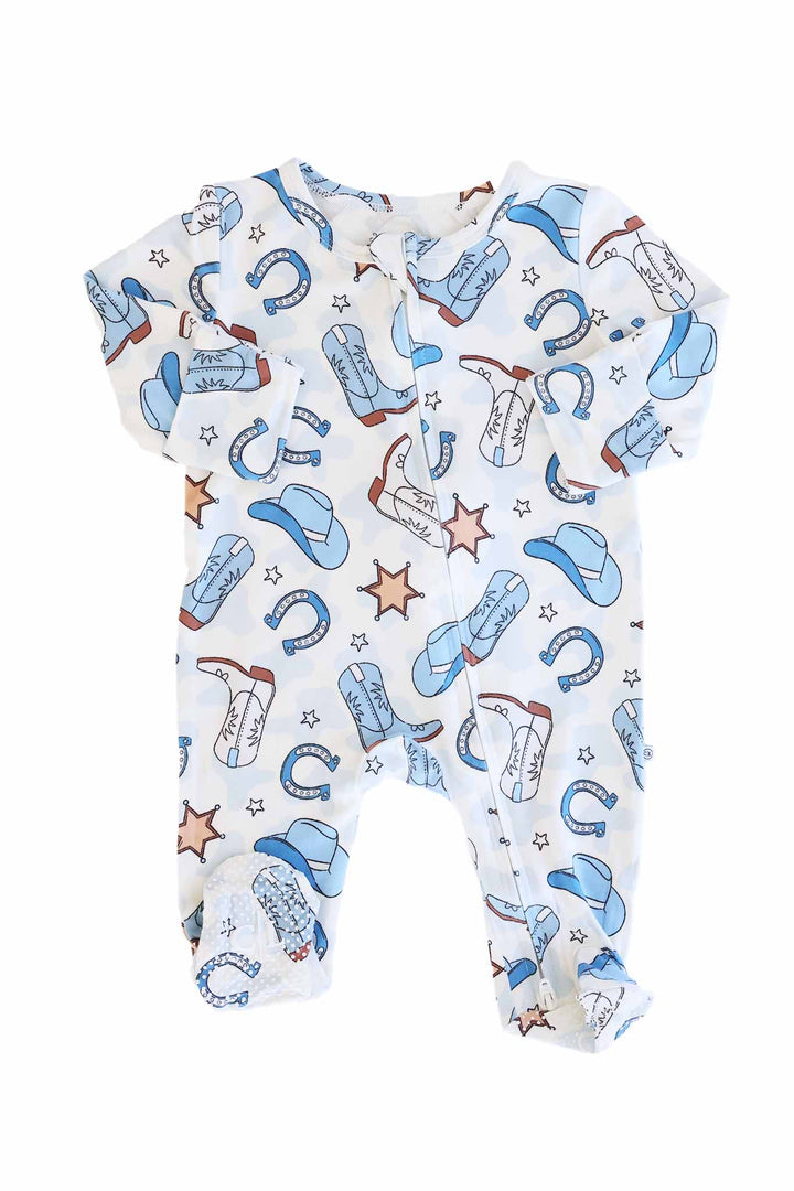 long sleeve footie pajama for baby boys in blue rodeo dreams print 