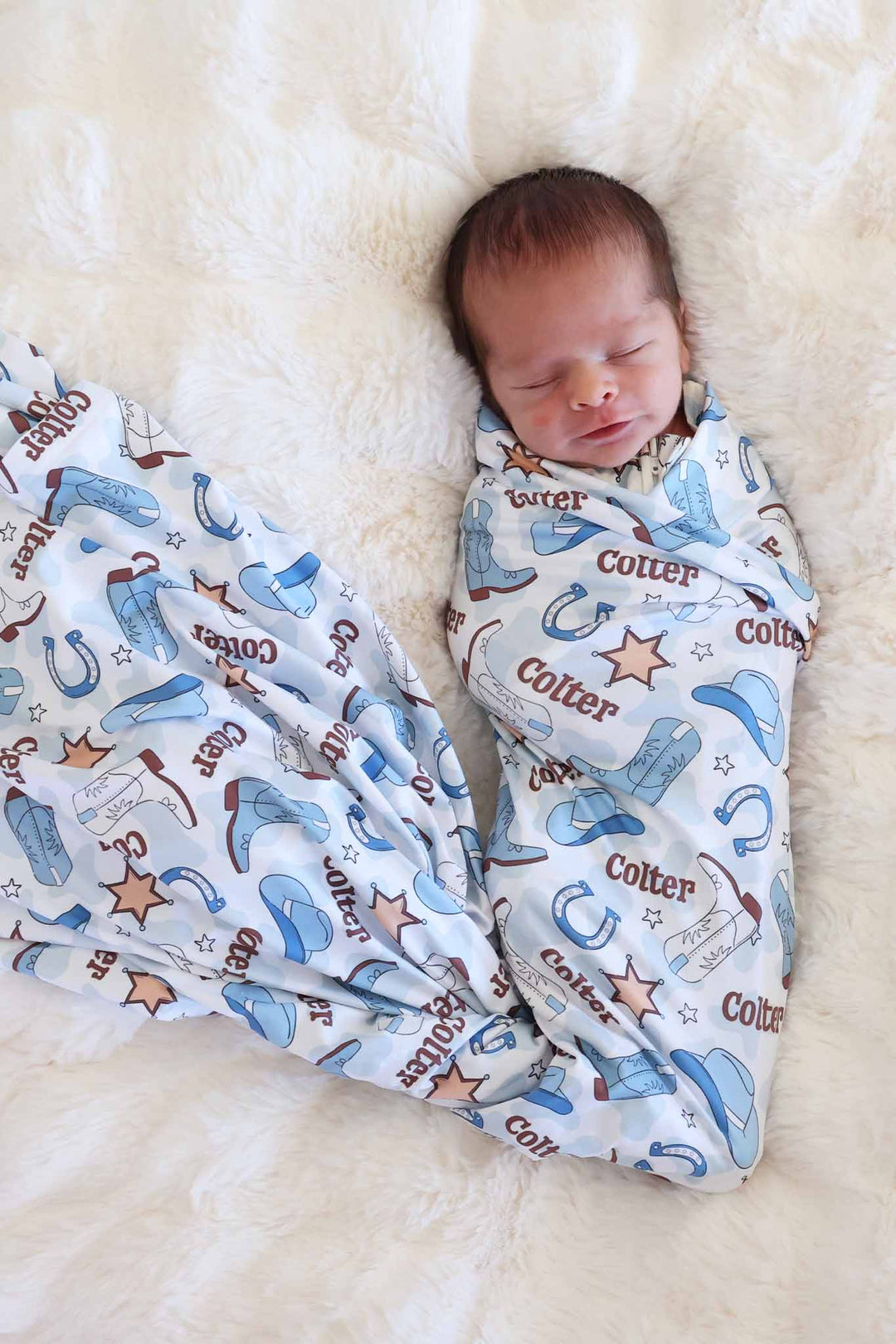 blue cowboy personalized swaddle blanket for boys 