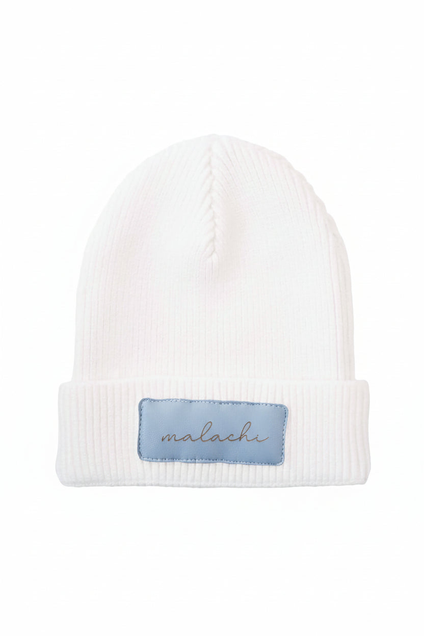 dusty blue script leather patch beanie 