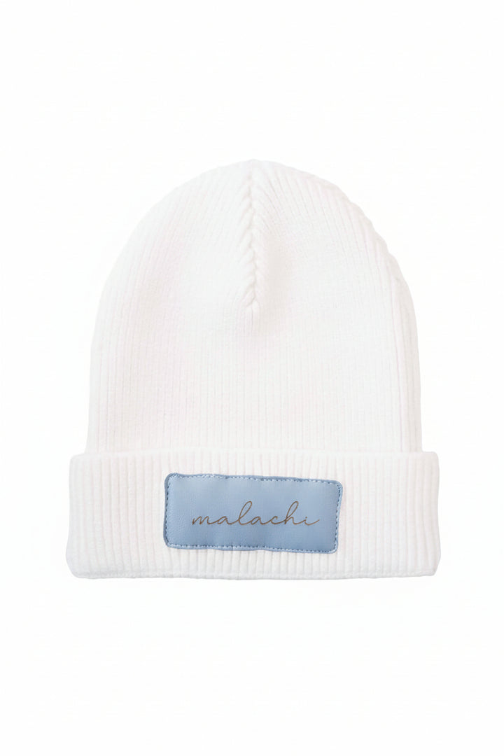 dusty blue script leather patch beanie 