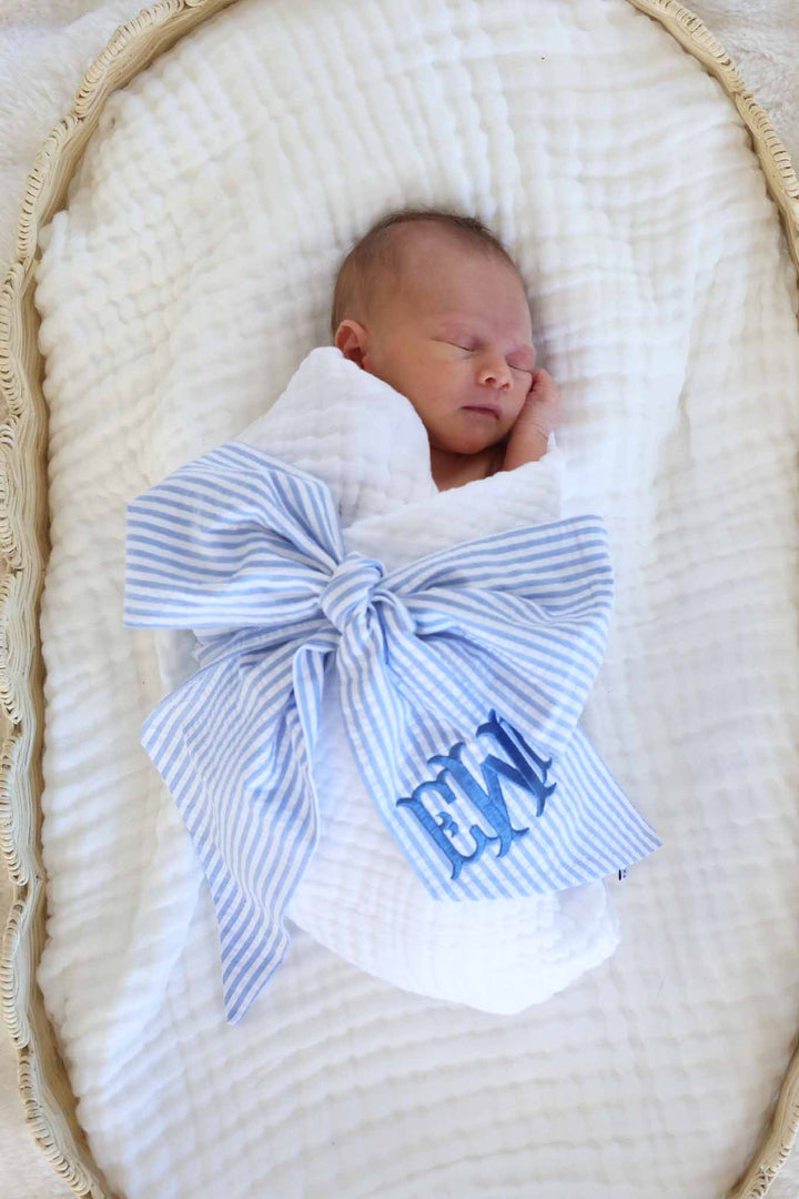 blue seersucker embroidered monogram sash for baby boys for newborn pictures 