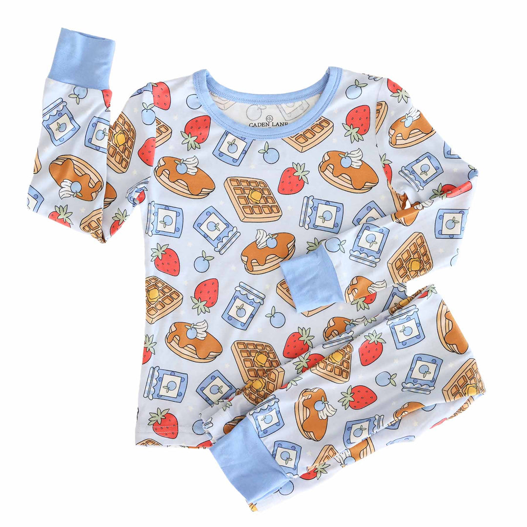 two piece pajama set for boys with breakfast food on them