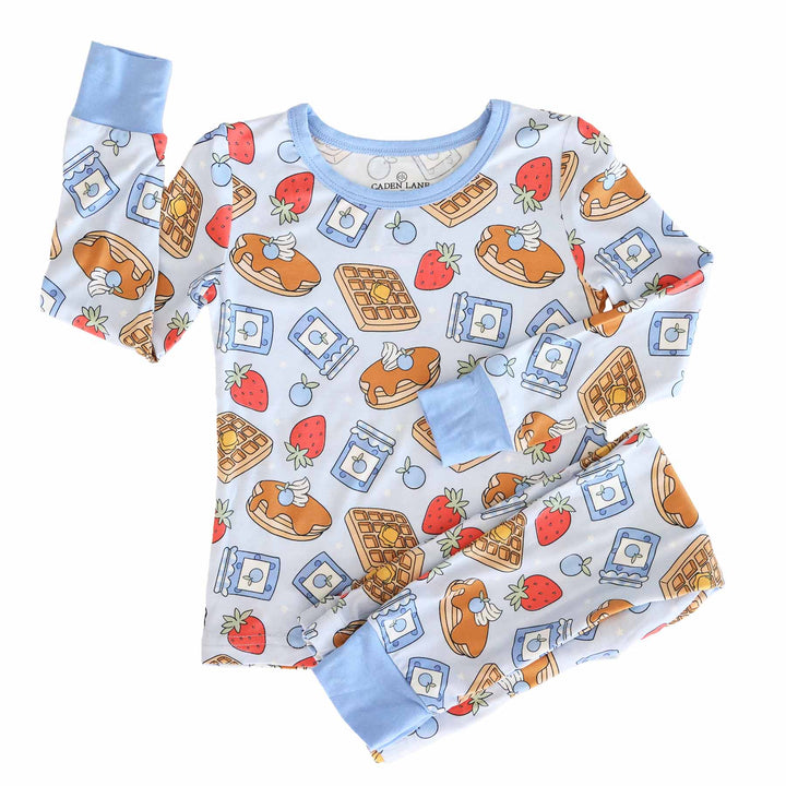 two piece pajama set for boys with breakfast food on them