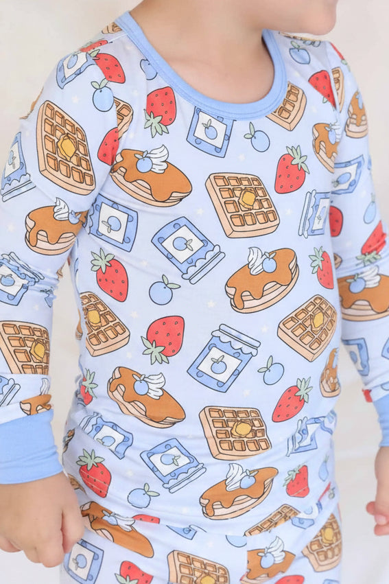 blue sweet stacks two piece pajama set for kids 
