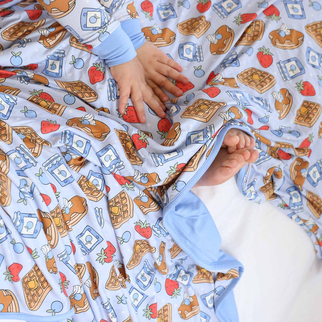 pancake, waffle, strawberry, blueberry and jelly blue double sided bamboo blanket for kids 