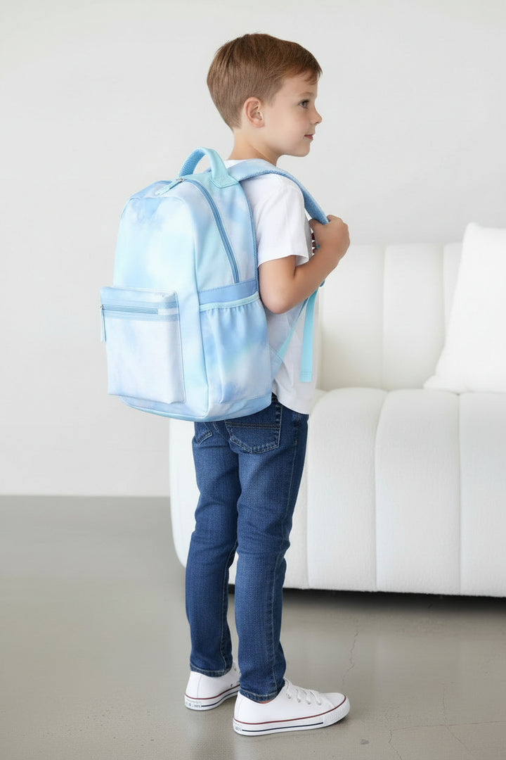 light blue and green tie dye backpack for kids with side pockets 
