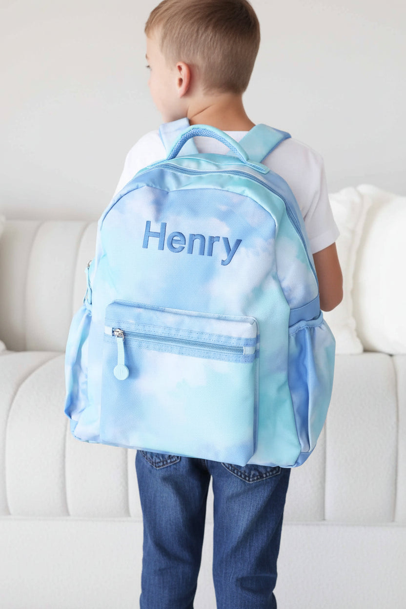 blue tie dye backpack for boys with front and side pockets 