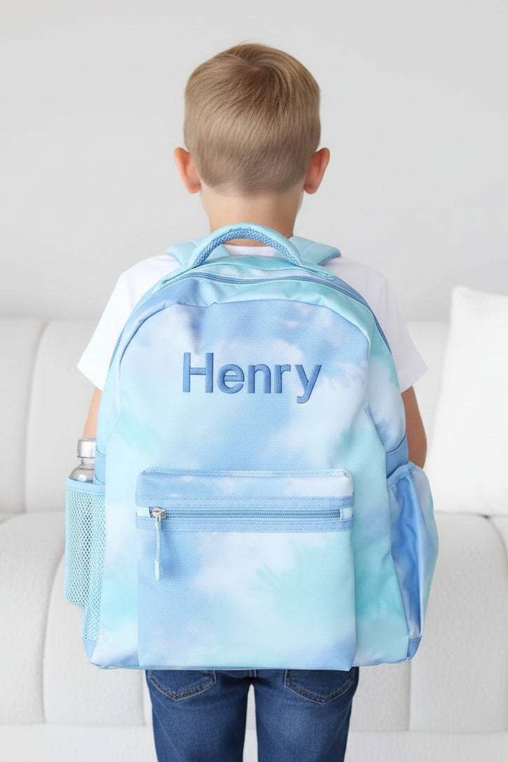 back to school blue and green embroidered tie dye backpack for kids 