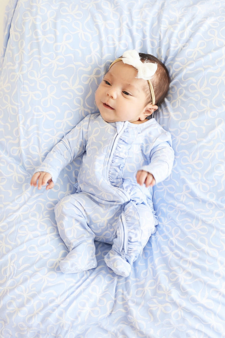 ruffle zipper footie pajama for girls light blue and white bows