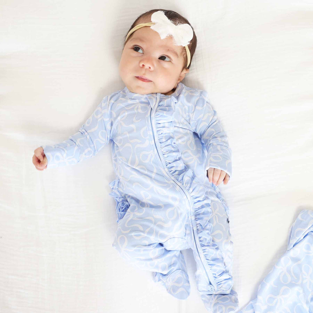 Blue-tiful Bows Ruffle Zipper Footie