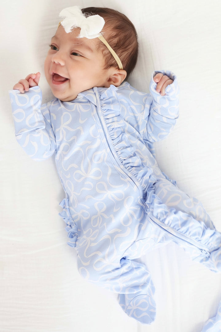 baby girl ruffle zipper footie blue-tiful bows