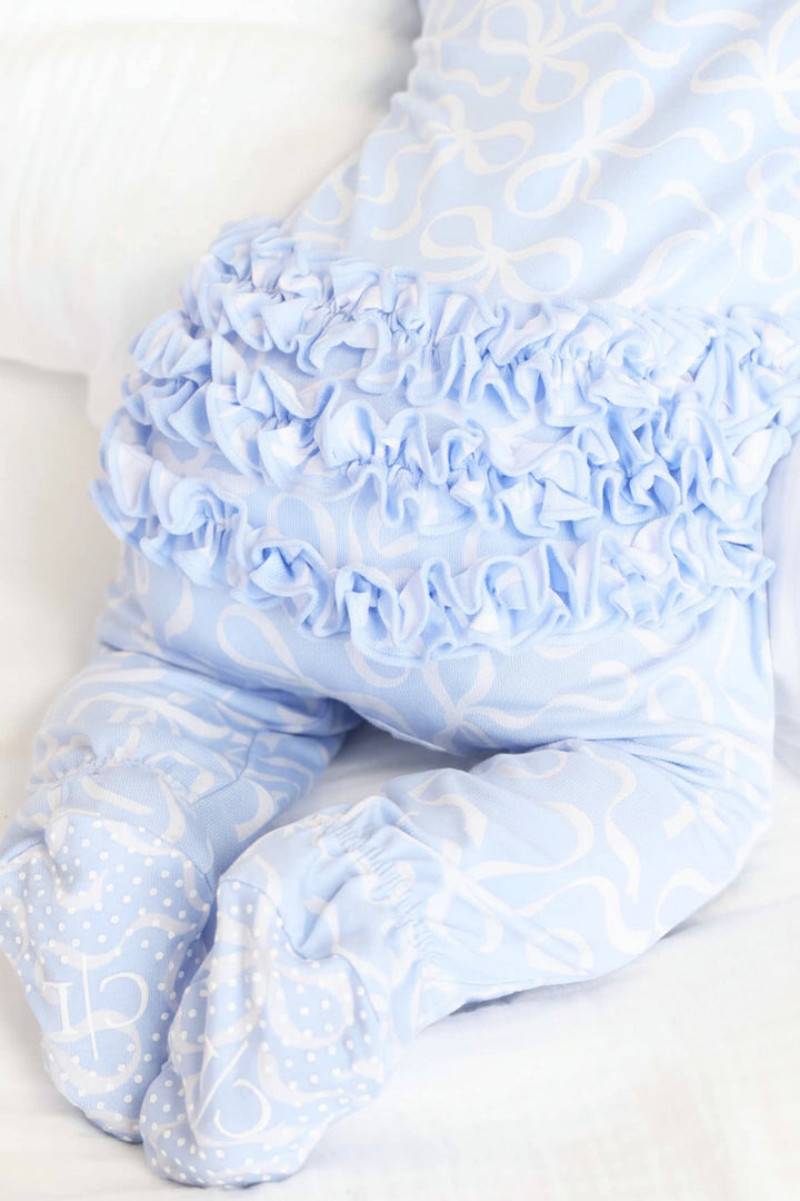 blue-tiful bows ruffle zipper footie 