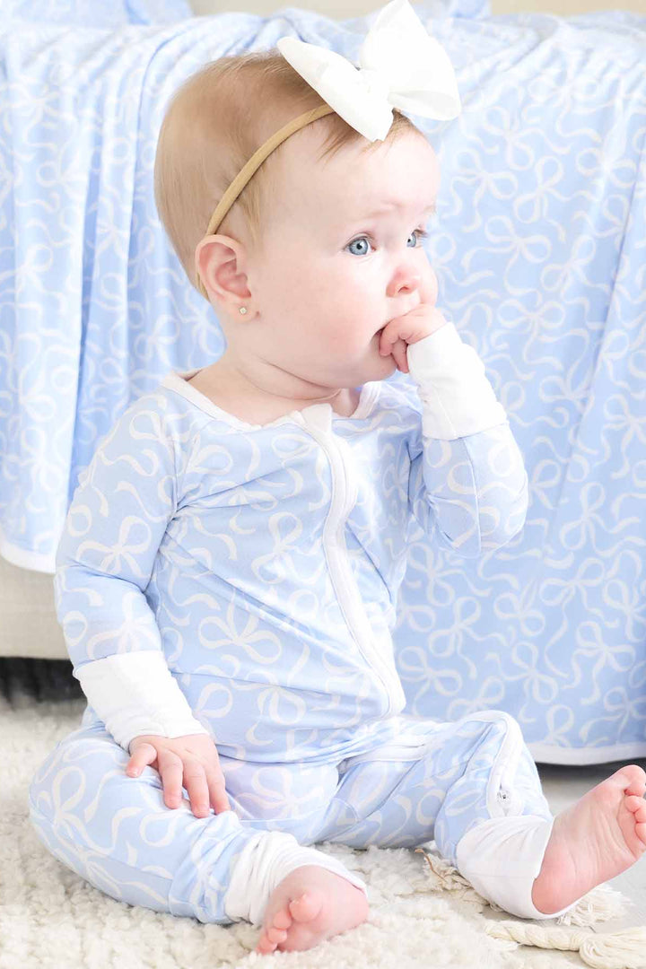 blue-tiful bows double sided bamboo blanket for kids 