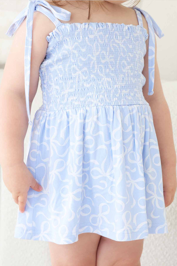 light blue and white twirl bodysuit for girls with bows