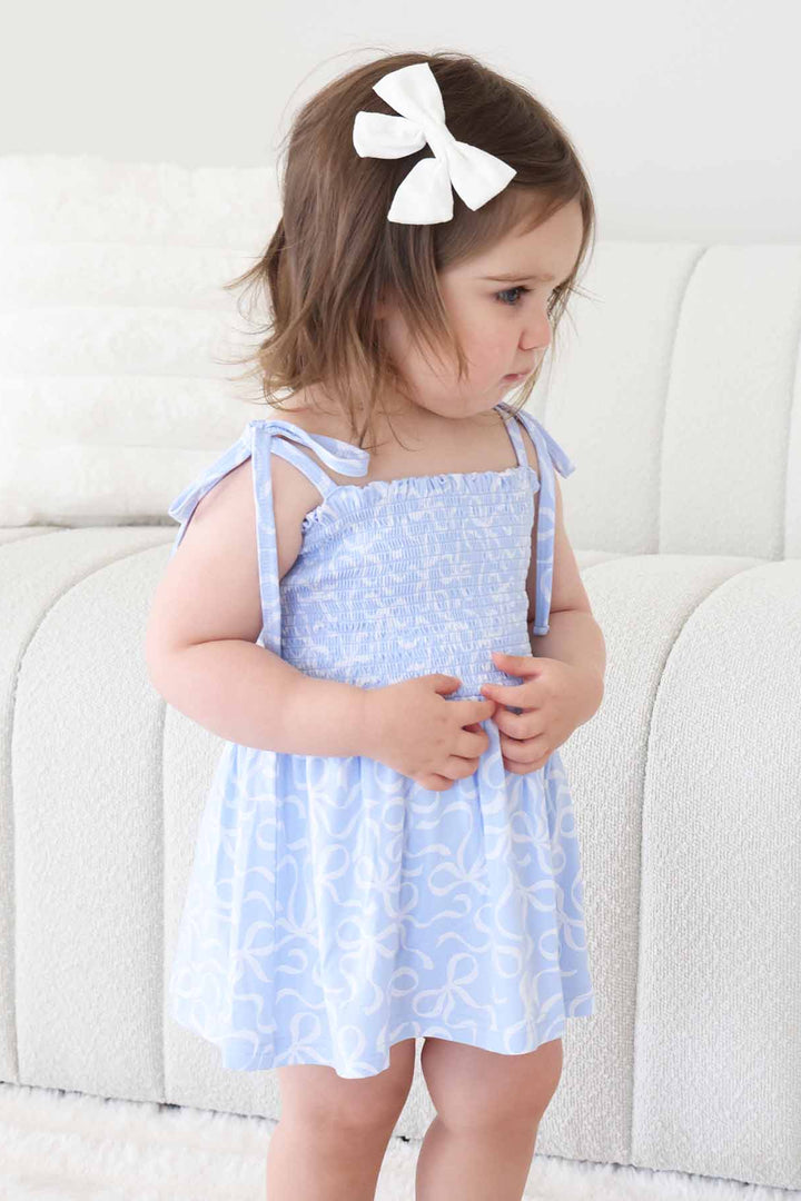 spaghetti strap bow tie shoulder smocked bodysuit with bows 