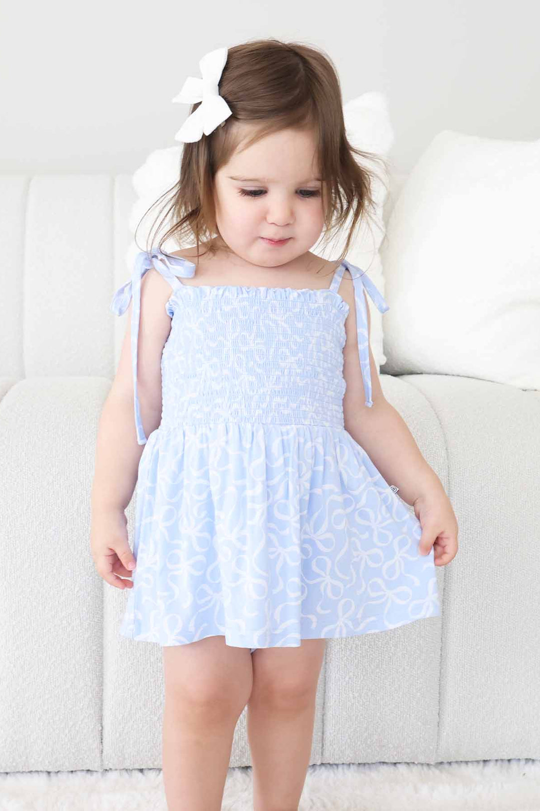 light blue and white bow spaghetti strap bodysuit for girls 