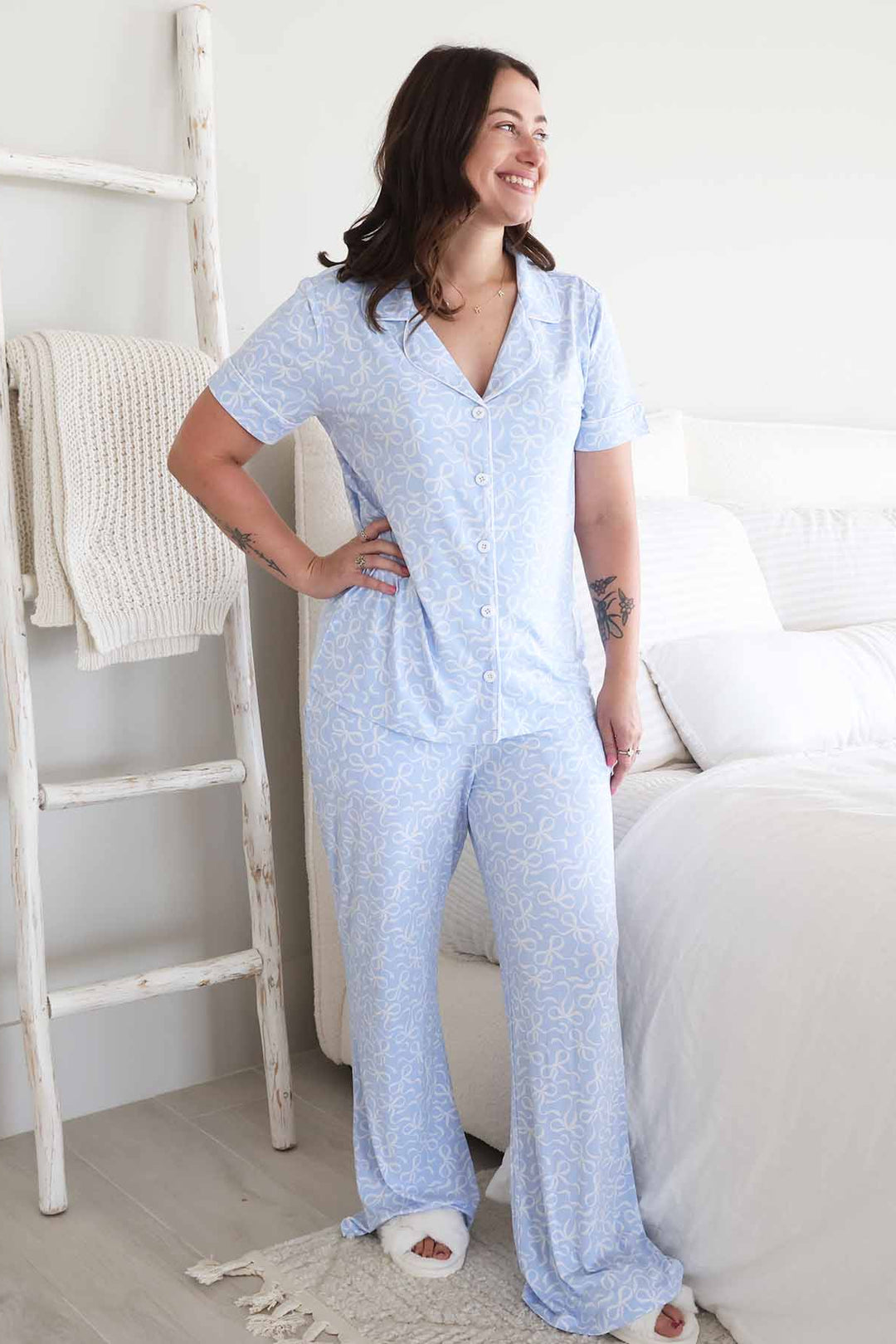 blue-tiful bows two piece lounge flare set 