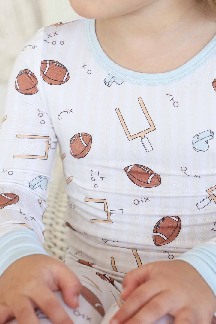 blue tiny touchdowns bamboo two piece pajama set for boys 