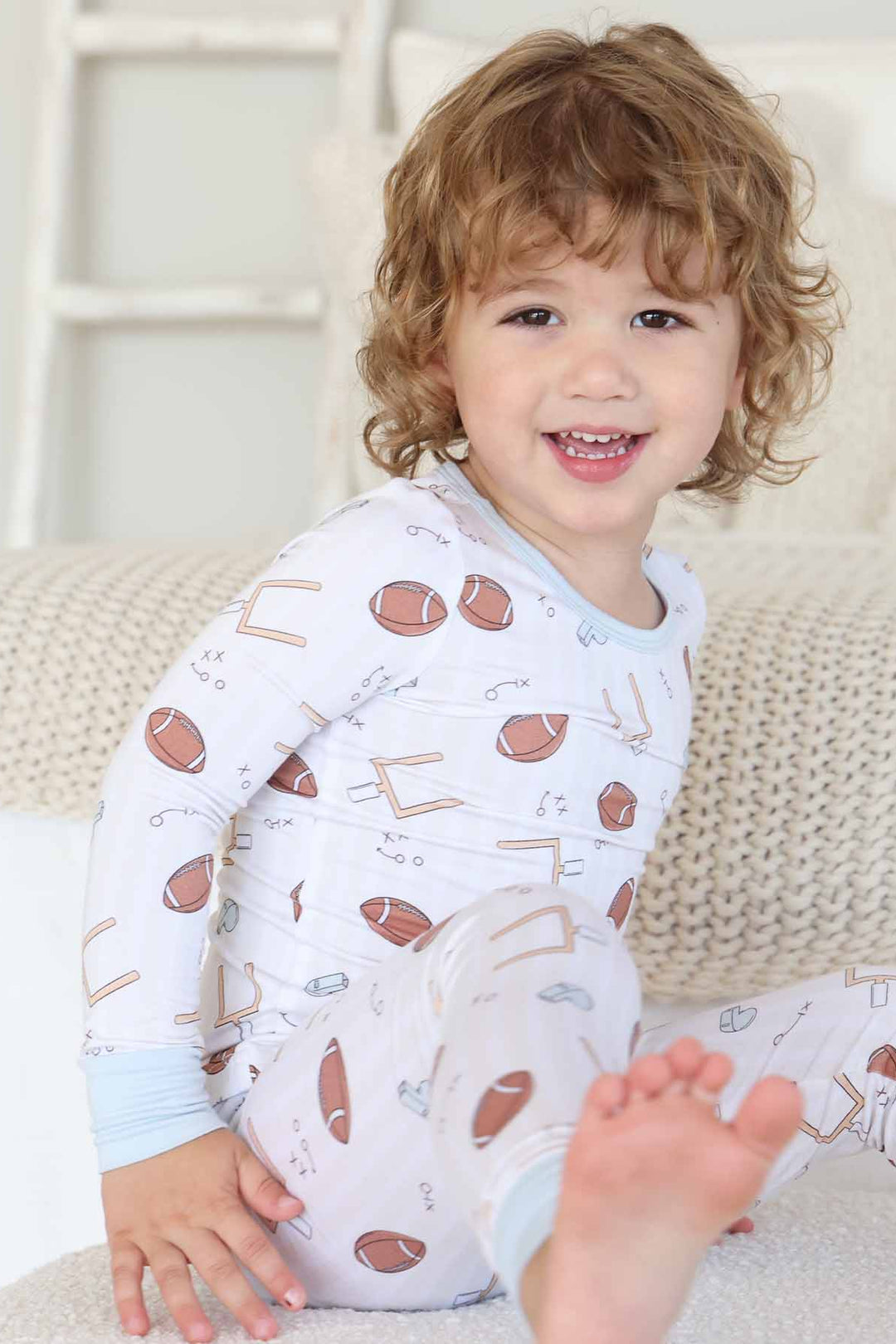 two piece neutral football bamboo viscose pajamas sibling matching 