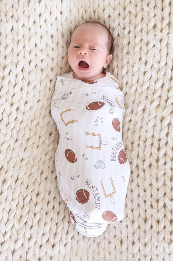 blue tiny touchdowns personalized swaddle blanket for boys football themed