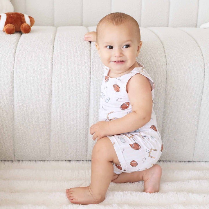 caden lane bamboo viscose sleeveless short snap romper football themed 