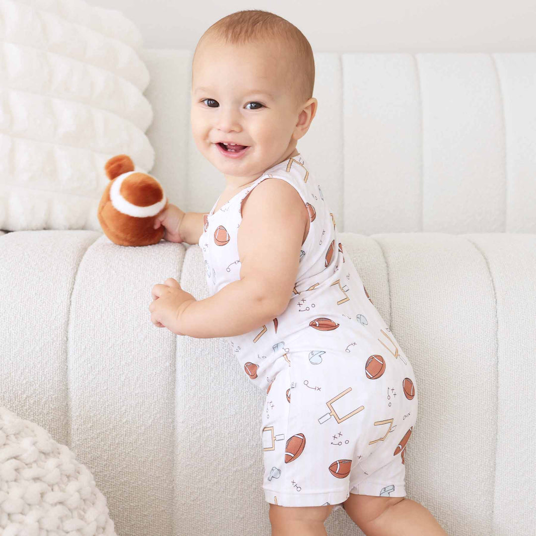 tiny touchdowns bamboo viscose sleeveless snap romper for boys football
