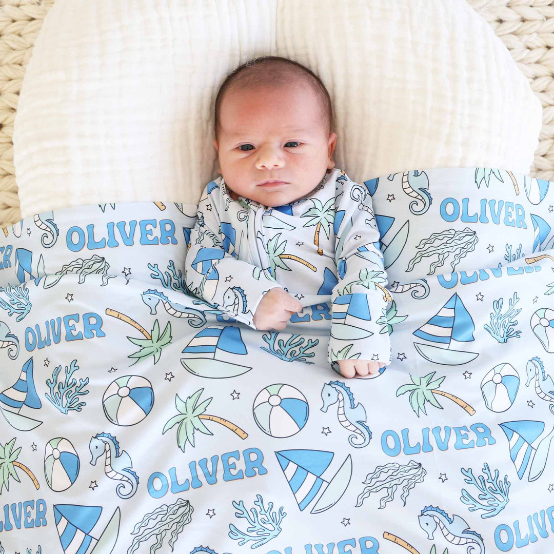 blue beach personalized swaddle blanket for boys 