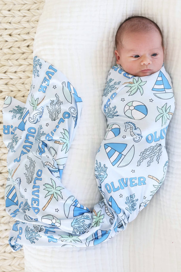 tiny tides blue personalized swaddle blanket 