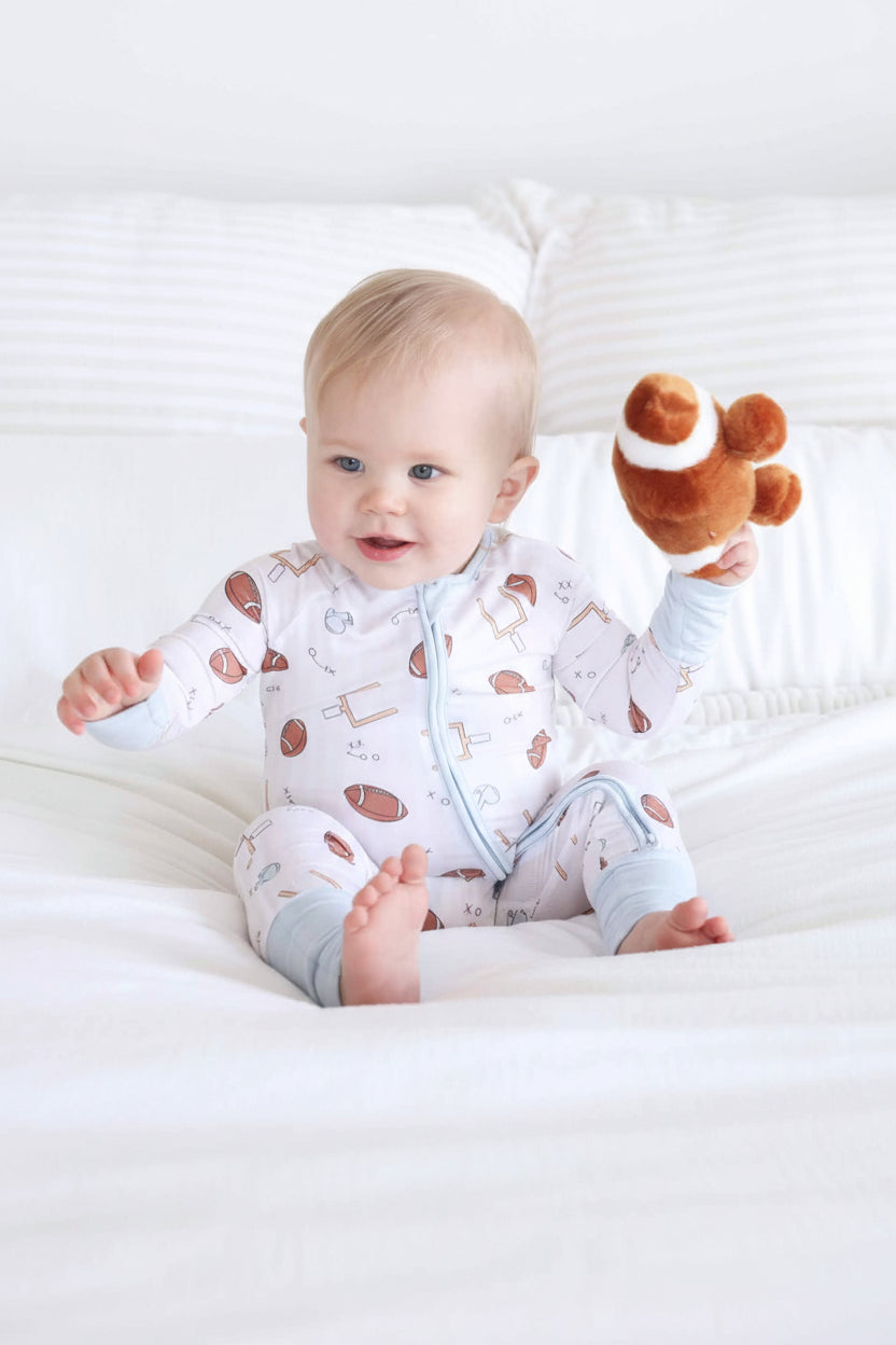 football, goal post, whistle and play arrow stripes convertible zip romper pajama for babies 
