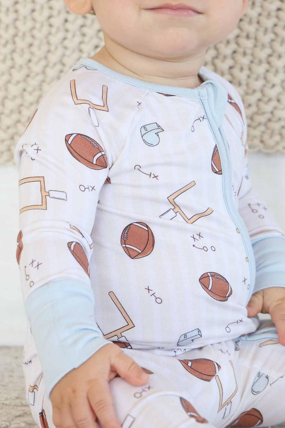 blue tiny touchdowns zip romper pajama 