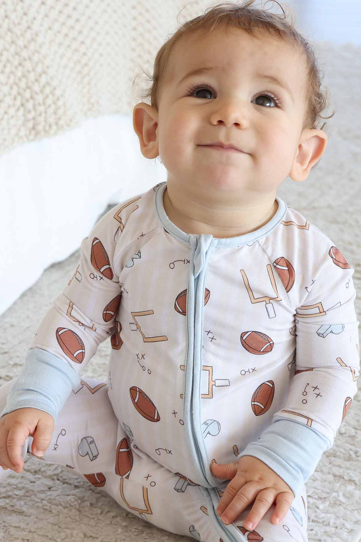 neutral tiny touchdowns striped zip romper 