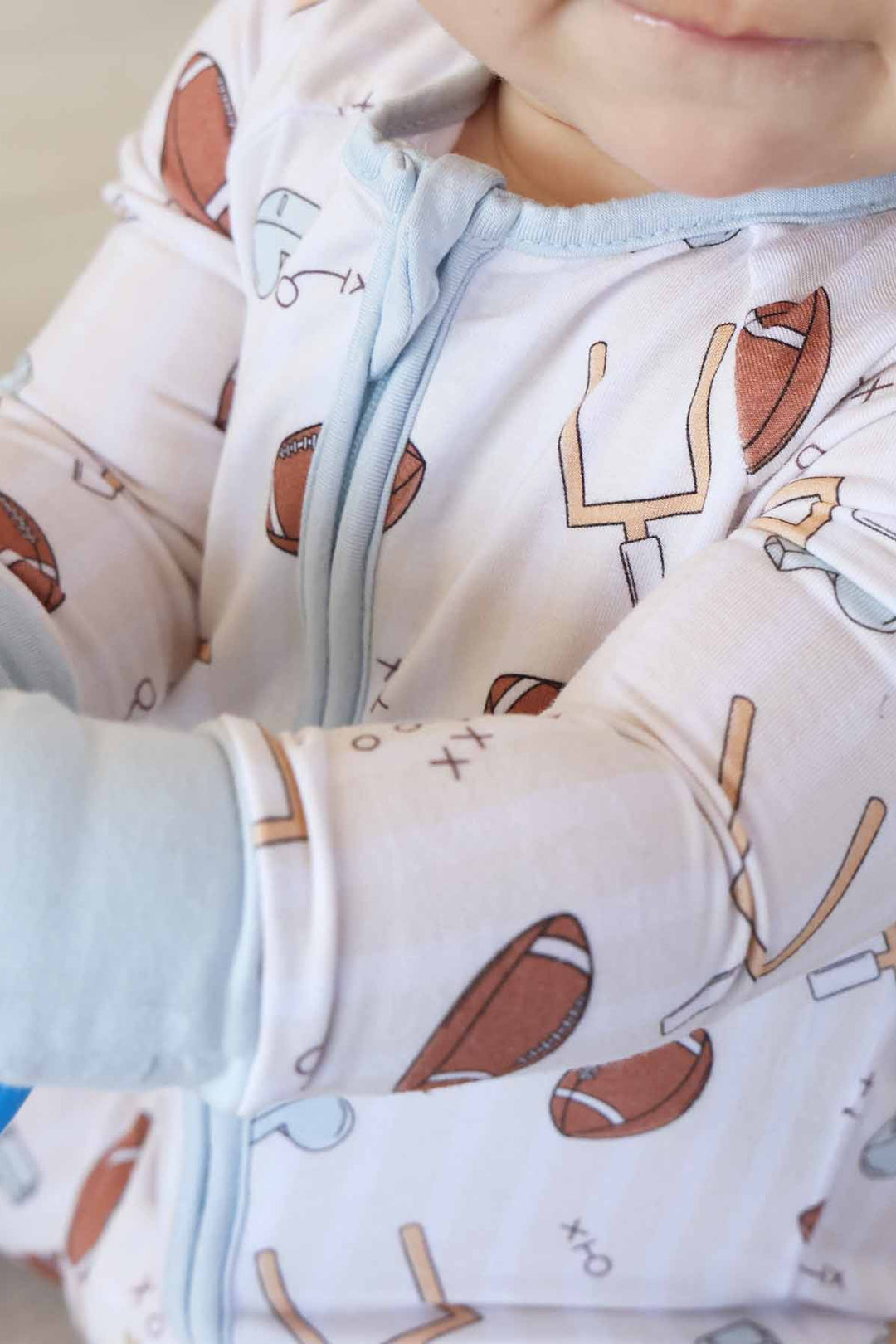 blue tiny touchdowns convertible zip romper pajama football with stripes for boys 
