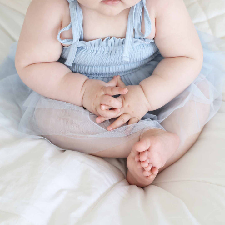 baby smocked tutu bodysuit light blue 