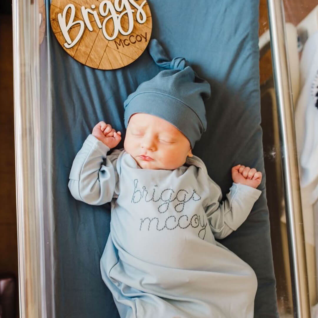 personalized knot gown for babies stitched blue 