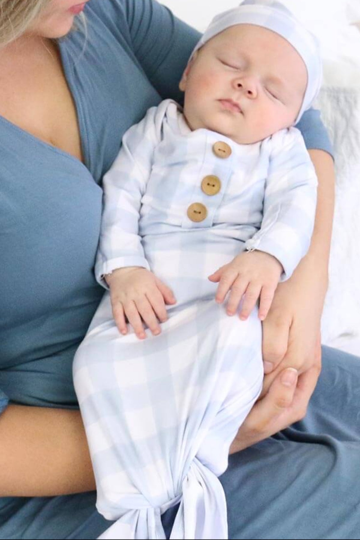 Newborn Baby Knot Gown & Hat Set | Dusty Blue Gingham