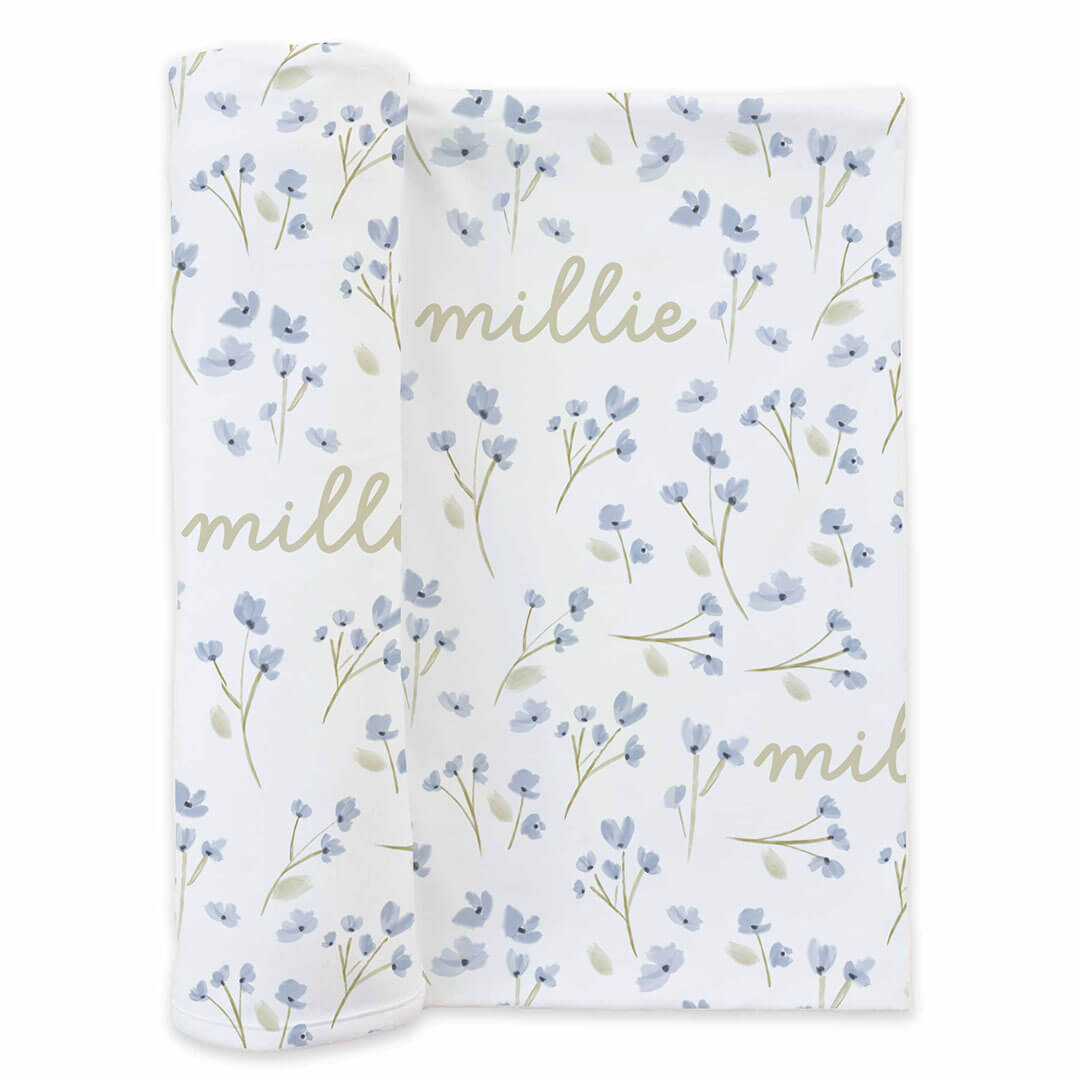 blue floral baby girls swaddle blanket green name 