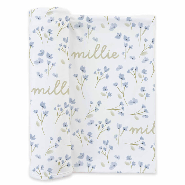 blue floral baby girls swaddle blanket green name 