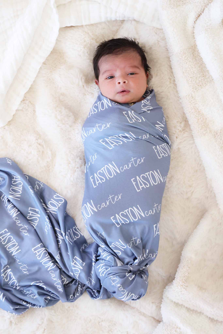 blue jean font duo personalized swaddle blanket 