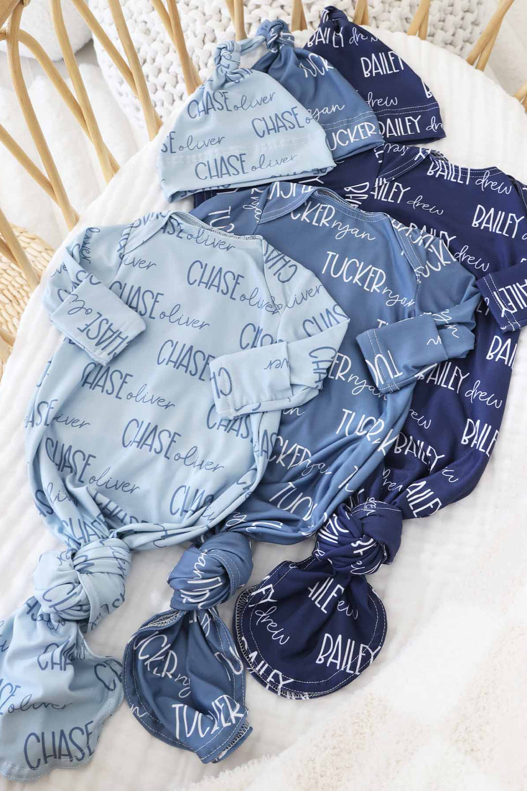 blues personalized name knot gown for babies 
