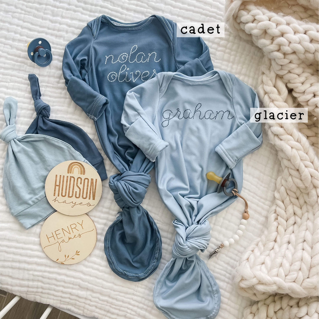 glacier and cadet neborn knot gown stitched name 