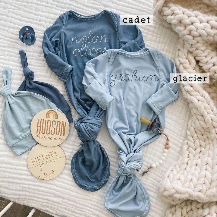 glacier and cadet neborn knot gown stitched name 