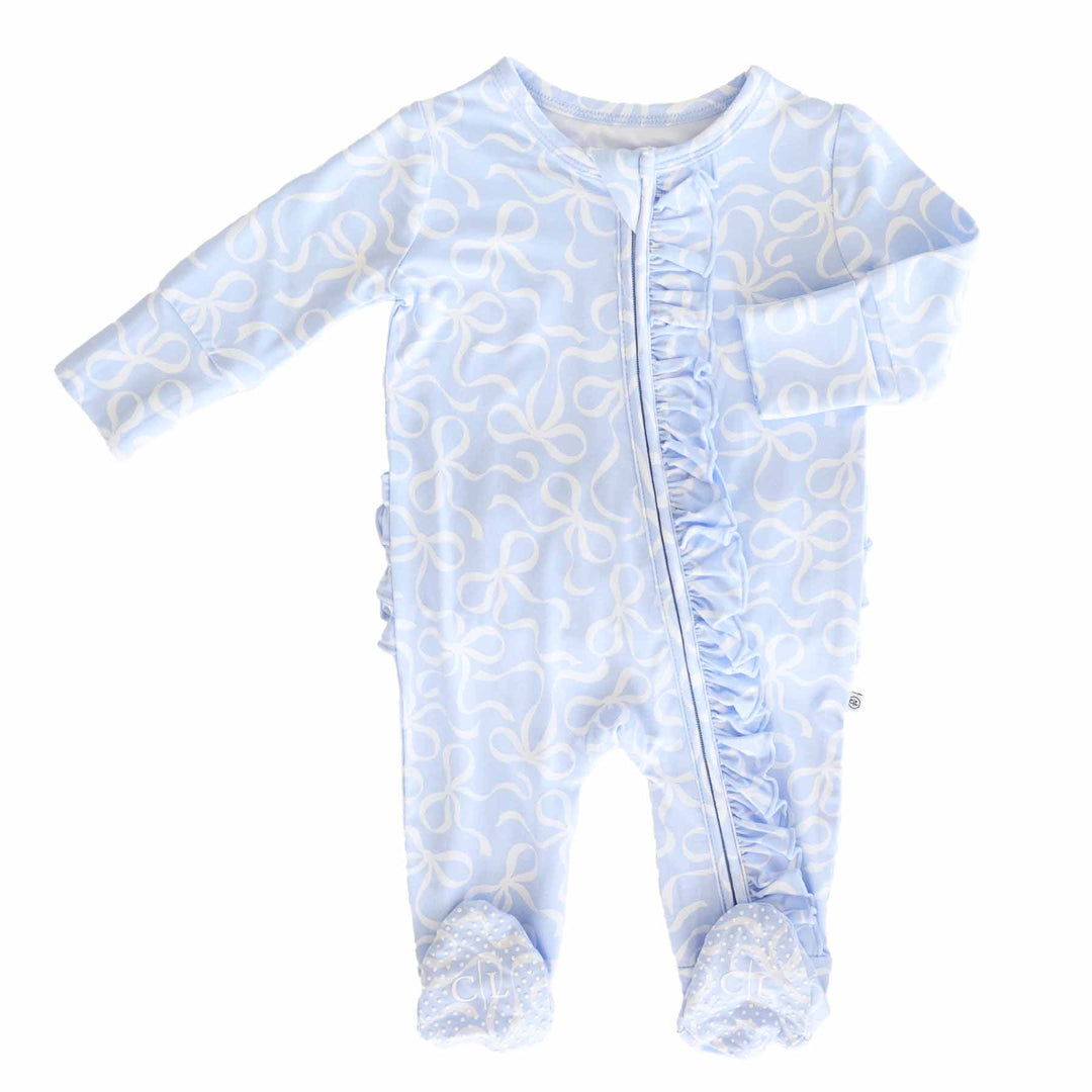 ruffle zipper footie blue-tiful bows 