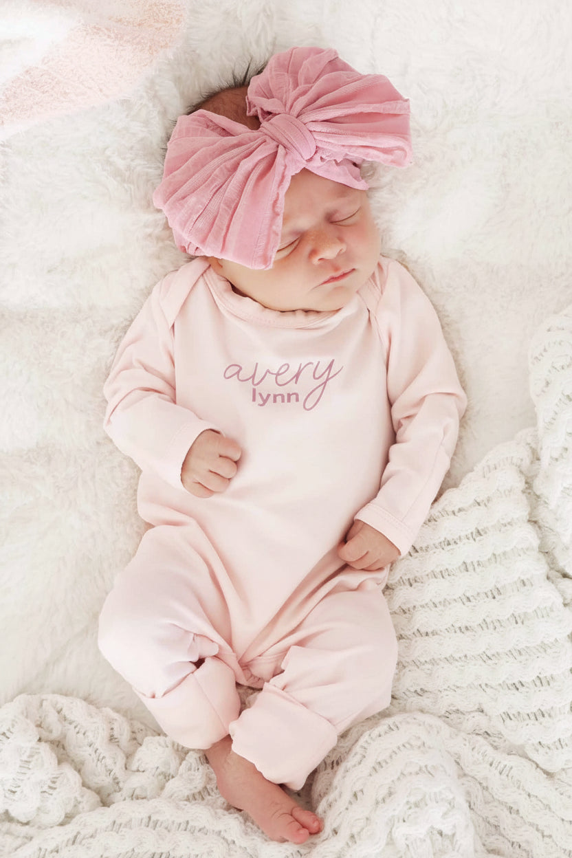 blush personalized snap romper for newborns